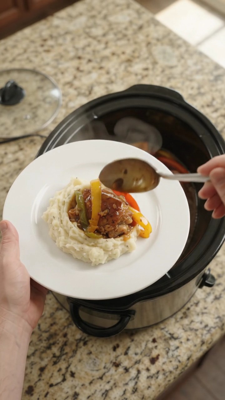 Crockpot Bell Pepper Bourbon Glazed Chicken Thighs