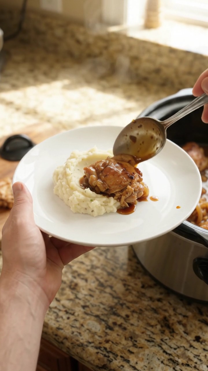 Crockpot Vidalia Onion Bourbon Glazed Chicken Thighs