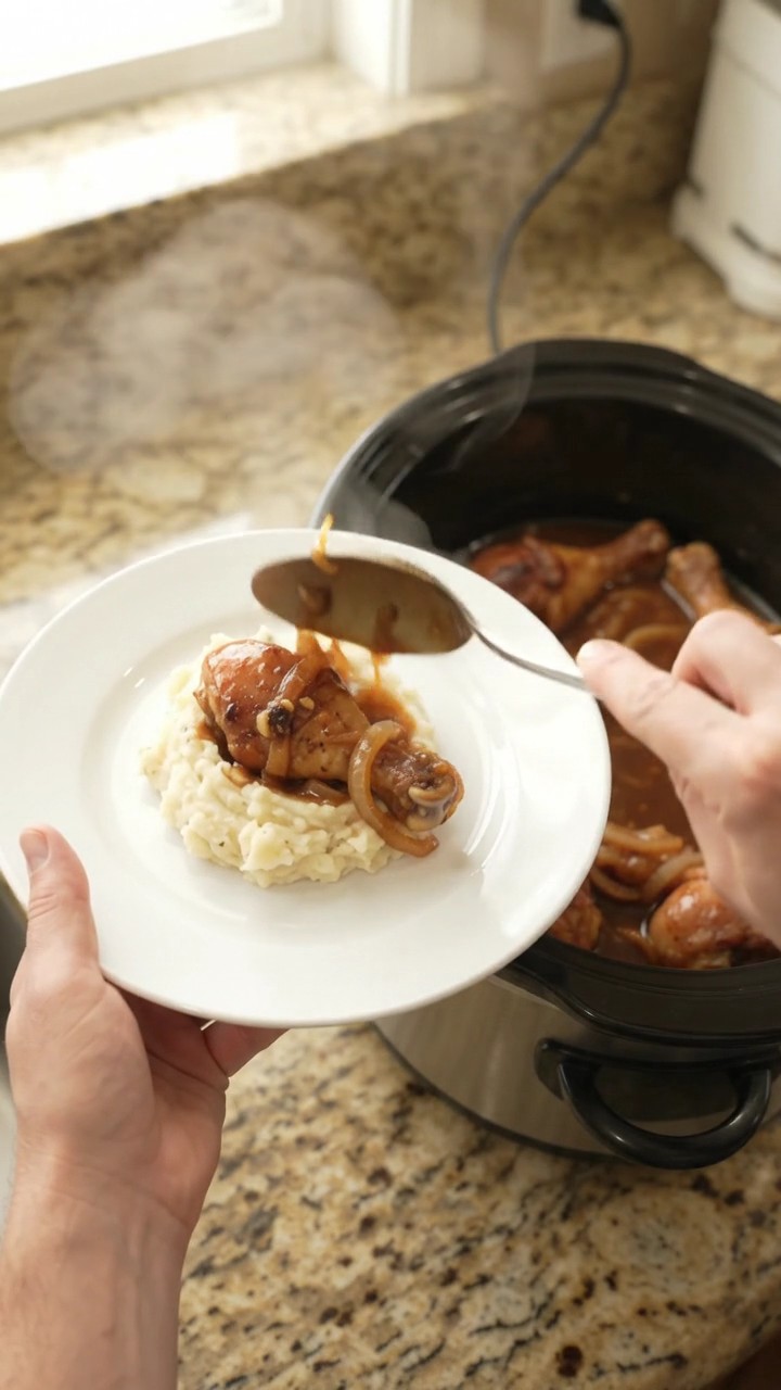 Crockpot Vidalia Onion Bourbon Glazed Chicken Drumsticks