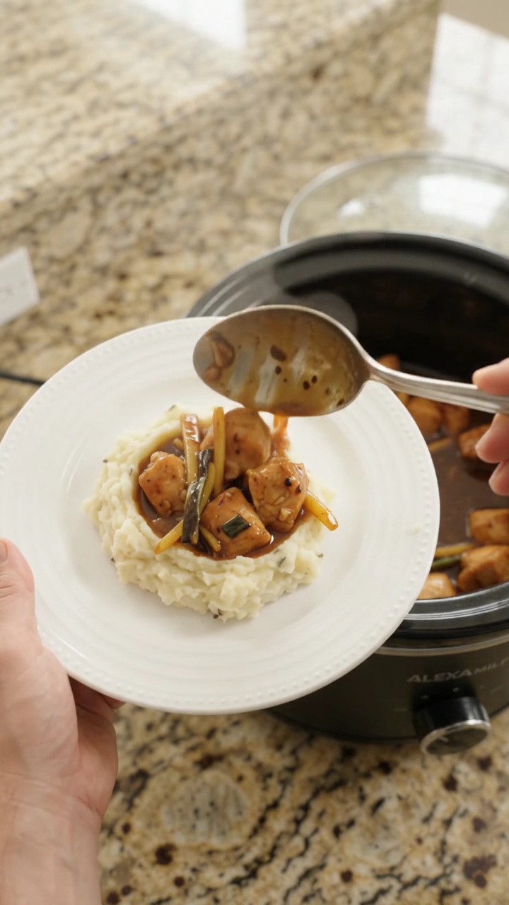 Crockpot Ginger Scallion Bourbon Glazed Chicken Bites