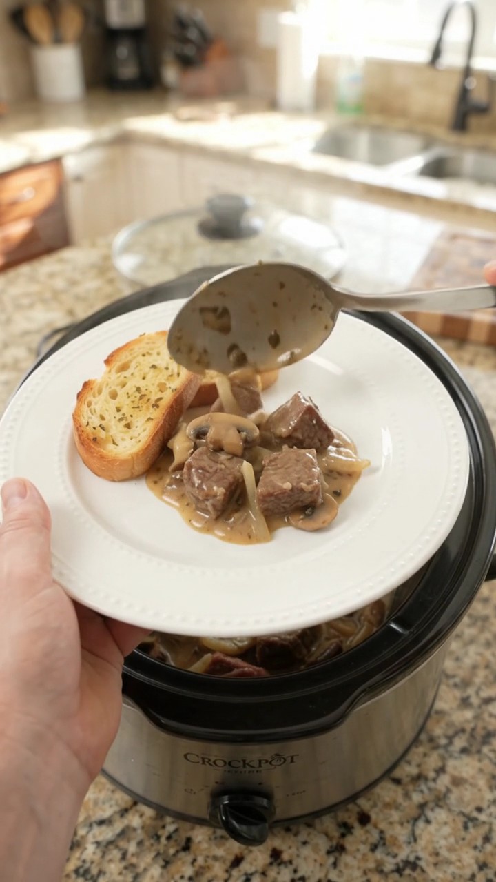 Crockpot Gruyère Cream Mushroom Beef Bites