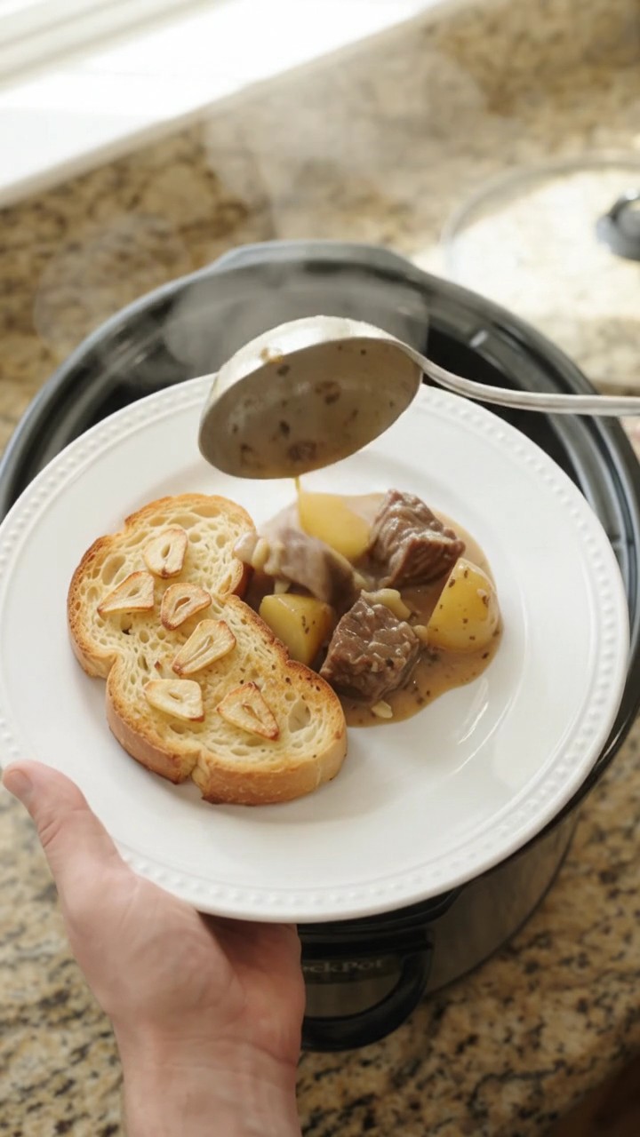 Crockpot Gruyère Cream Garlic Potato Beef Bites