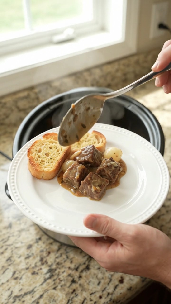 Crockpot Gruyère Cream Pearl Onion Beef Bites