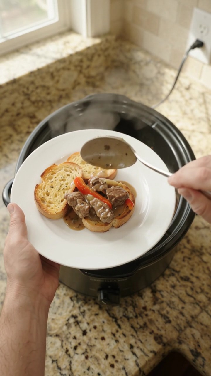 Crockpot Gruyère Cream Pepper Sirloin Tips