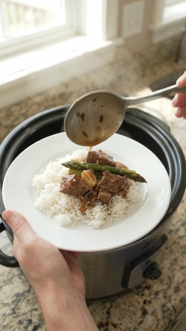Crockpot Bourbon Gravy Asparagus Sirloin Tips