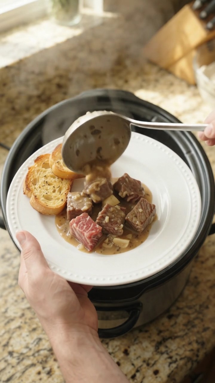 Crockpot Gruyère Cream Garlic Potato Ribeye Bites