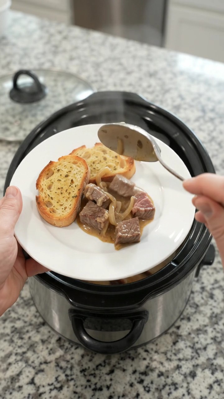 Crockpot Gruyère Cream French Onion Ribeye Bites