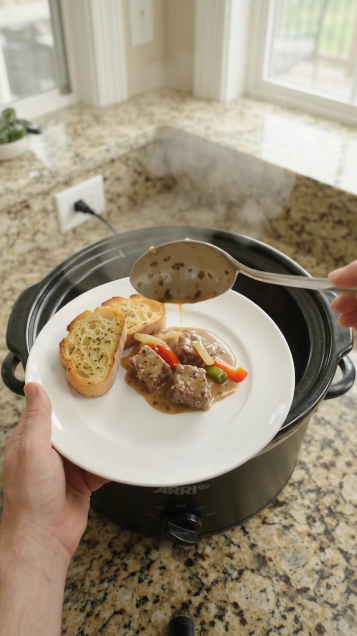 Crockpot Gruyère Cream Pepper Ribeye Bites