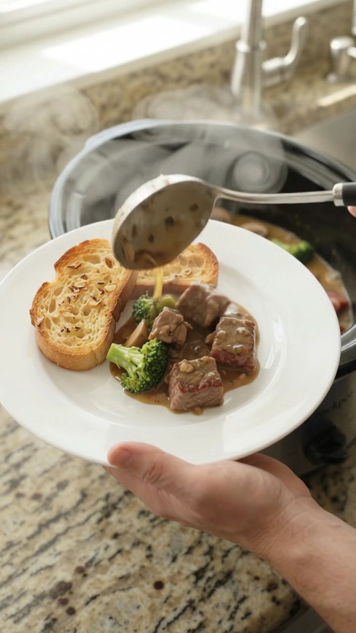 Crockpot Gruyère Cream Broccoli Ribeye Bites