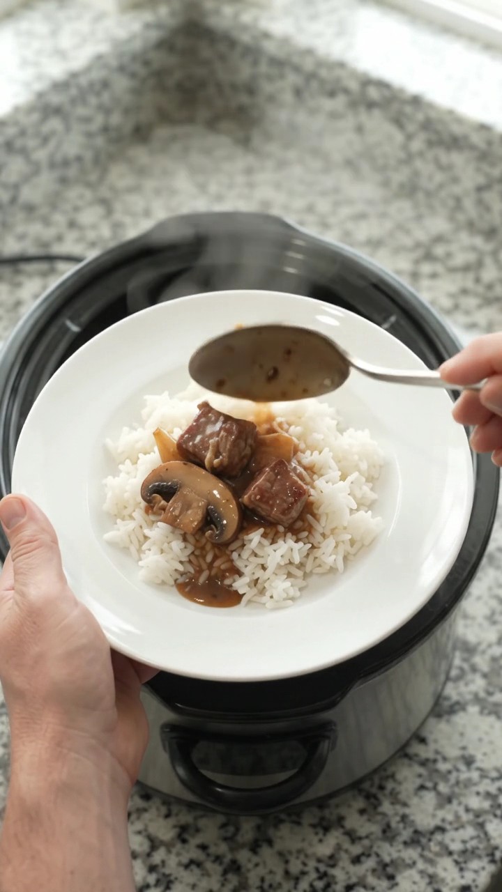 Crockpot Bourbon Gravy Portobello Ribeye Bites