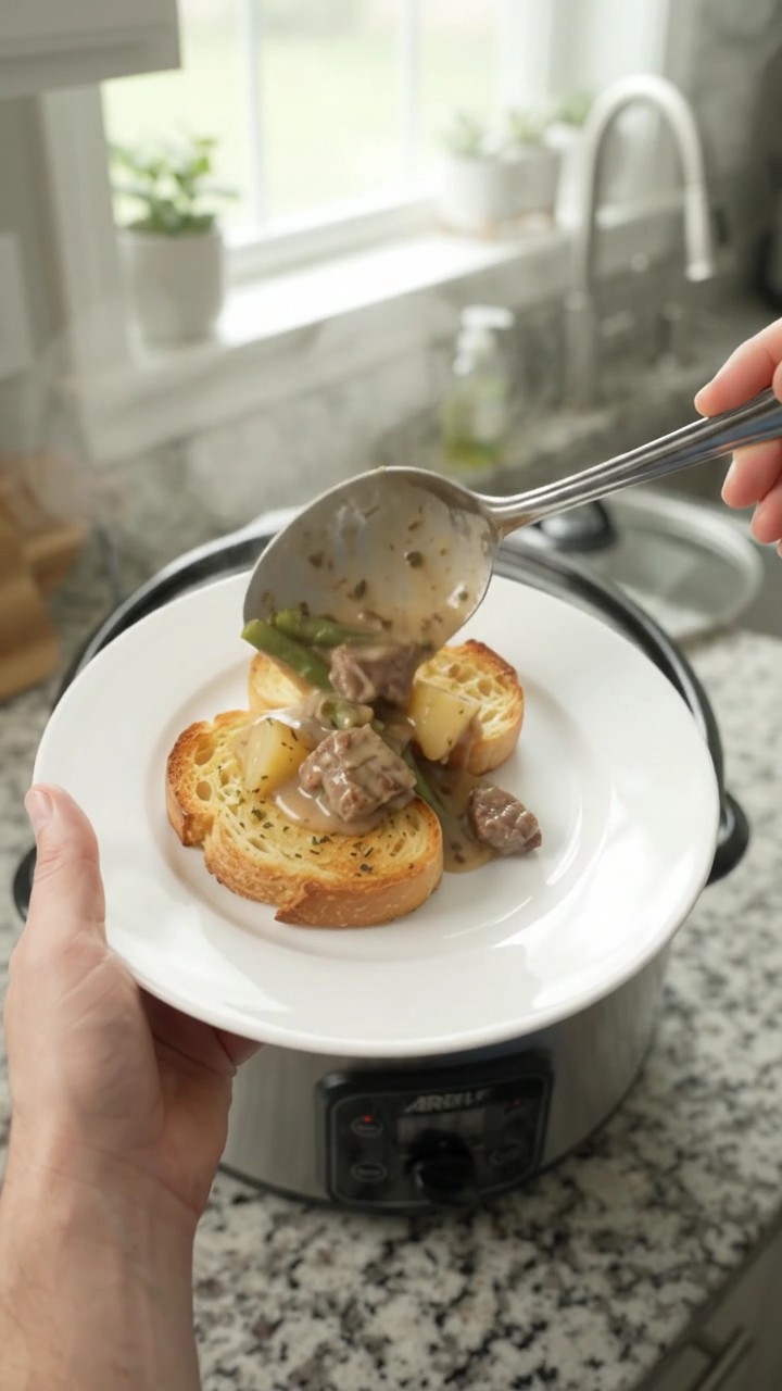 Crockpot Gruyère Cream Green Bean Ribeye Bites