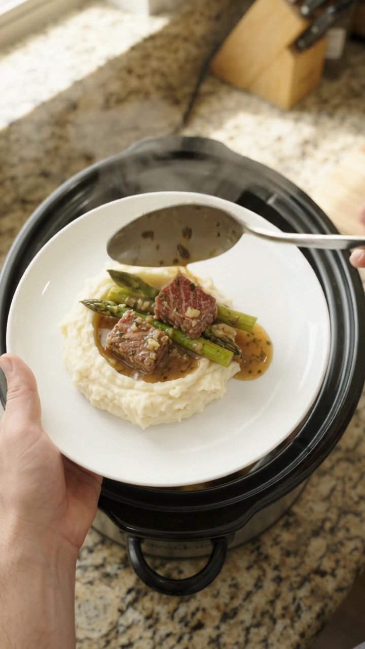 Crockpot Cowboy Butter Asparagus Ribeye Bites