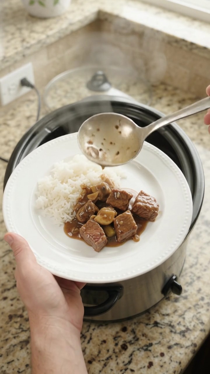 Crockpot Bourbon Gravy Asparagus Ribeye Bites