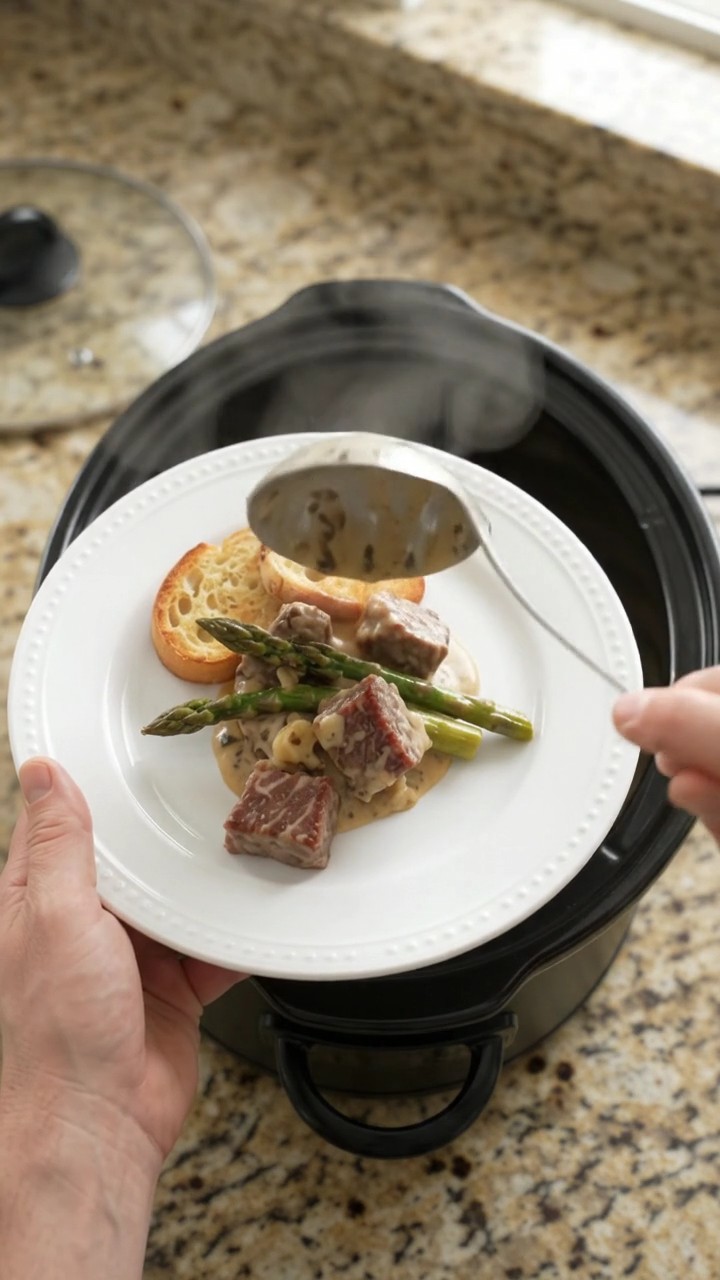Crockpot Gruyère Cream Asparagus Ribeye Bites