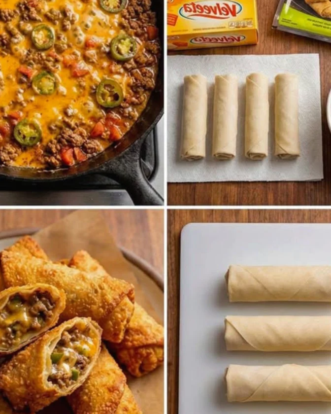 Egg Rolls Crispy egg rolls stuffed with spicy beef queso and jalapeños. Fried until golden and gooey.