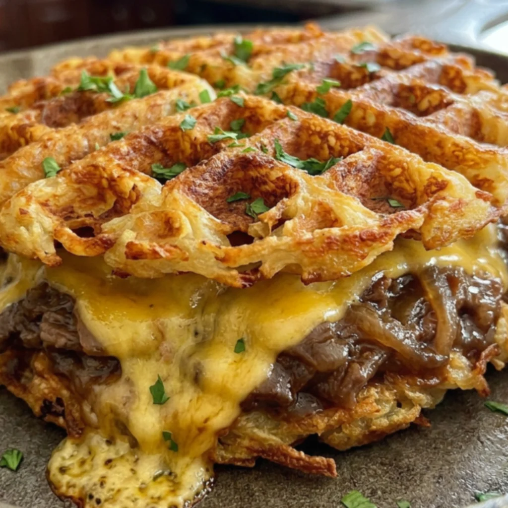 French Onion Beef Cheddar Waffle Melt