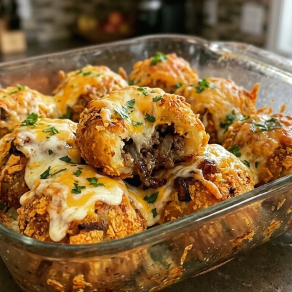 French Onion Cheeseburger Cheddar Crispy Potato Bombs