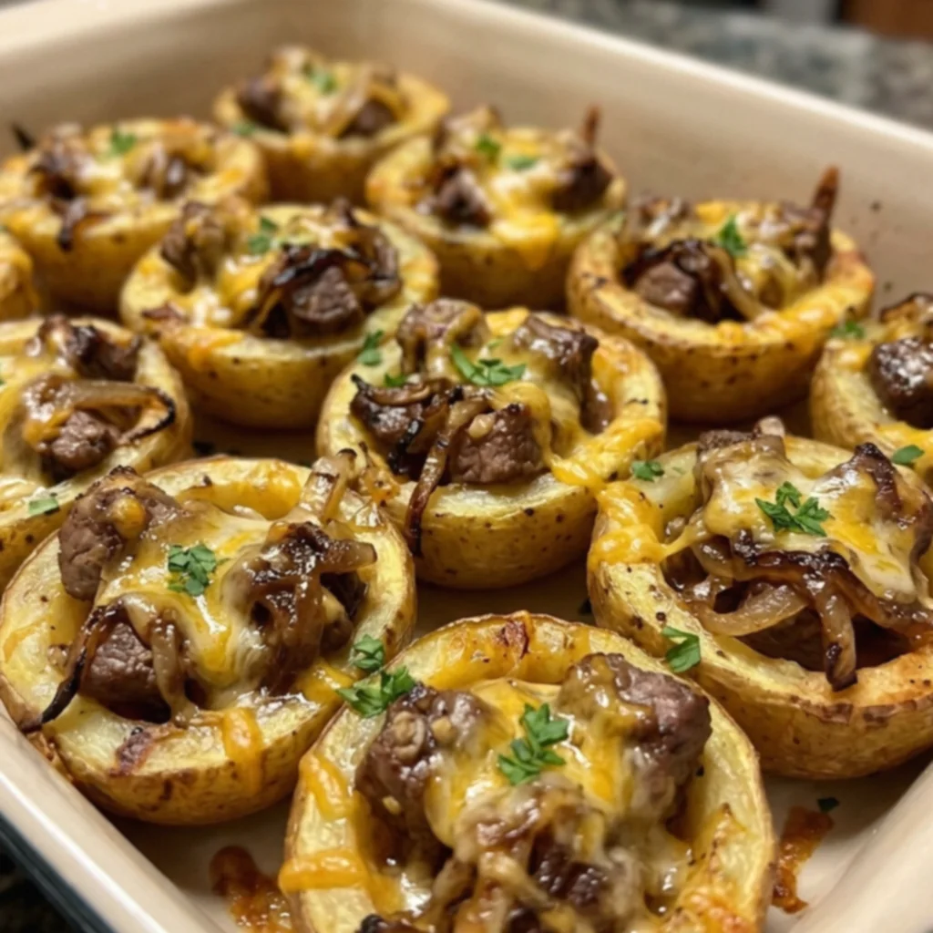 French Onion Garlic Butter Steak Potato Cups