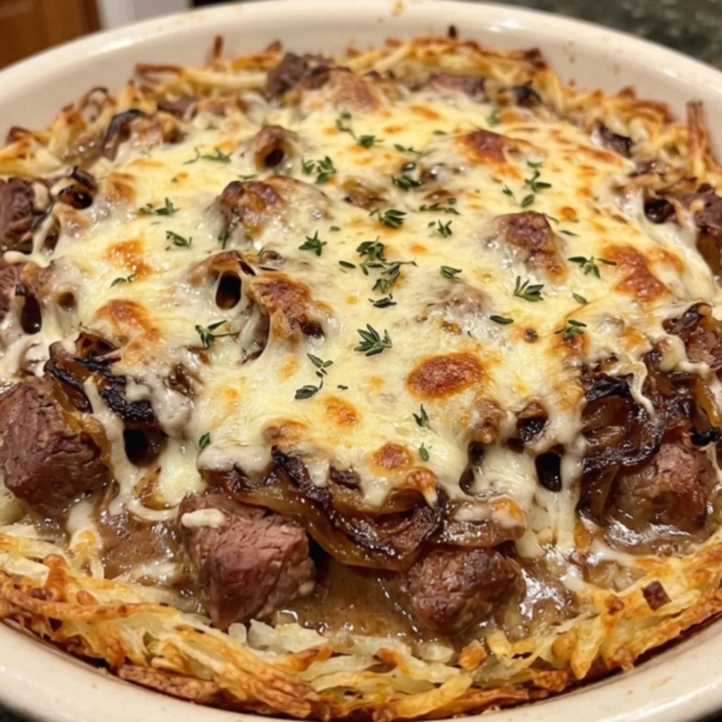 French Onion Steak Swiss Hash Brown Crust Pie