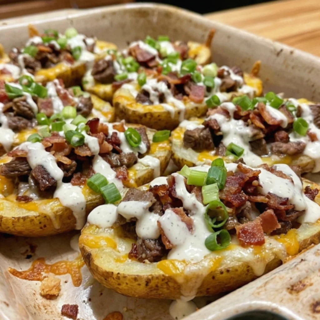 Garlic Butter Bacon Ranch Philly Cheesesteak Loaded Potato Skins