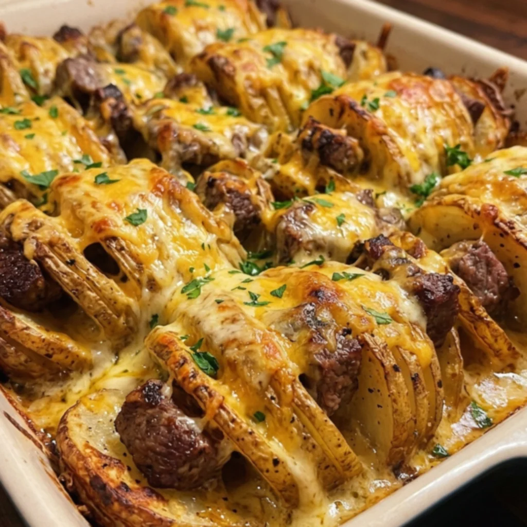 Garlic Butter Beef Cheddar Hasselback Potato Bake