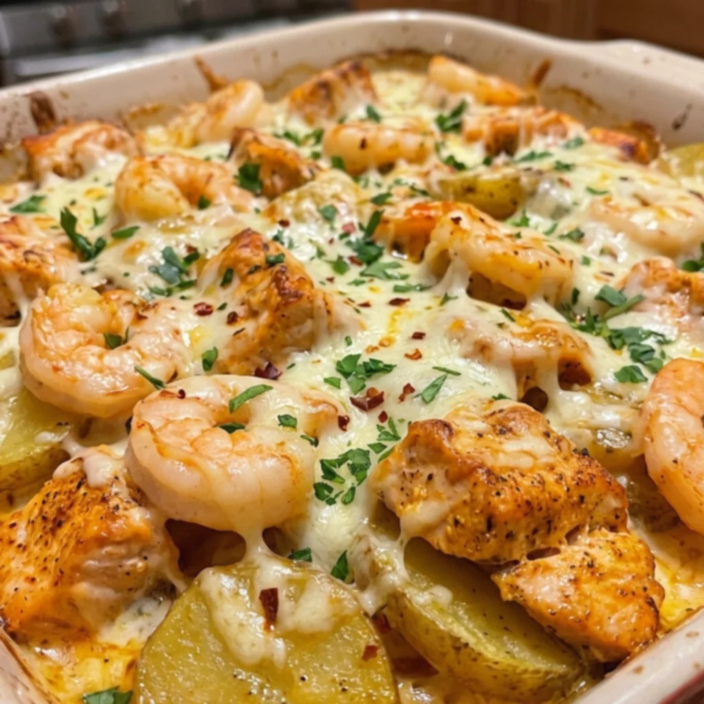 Garlic Butter Cajun Salmon Shrimp Stack Bake