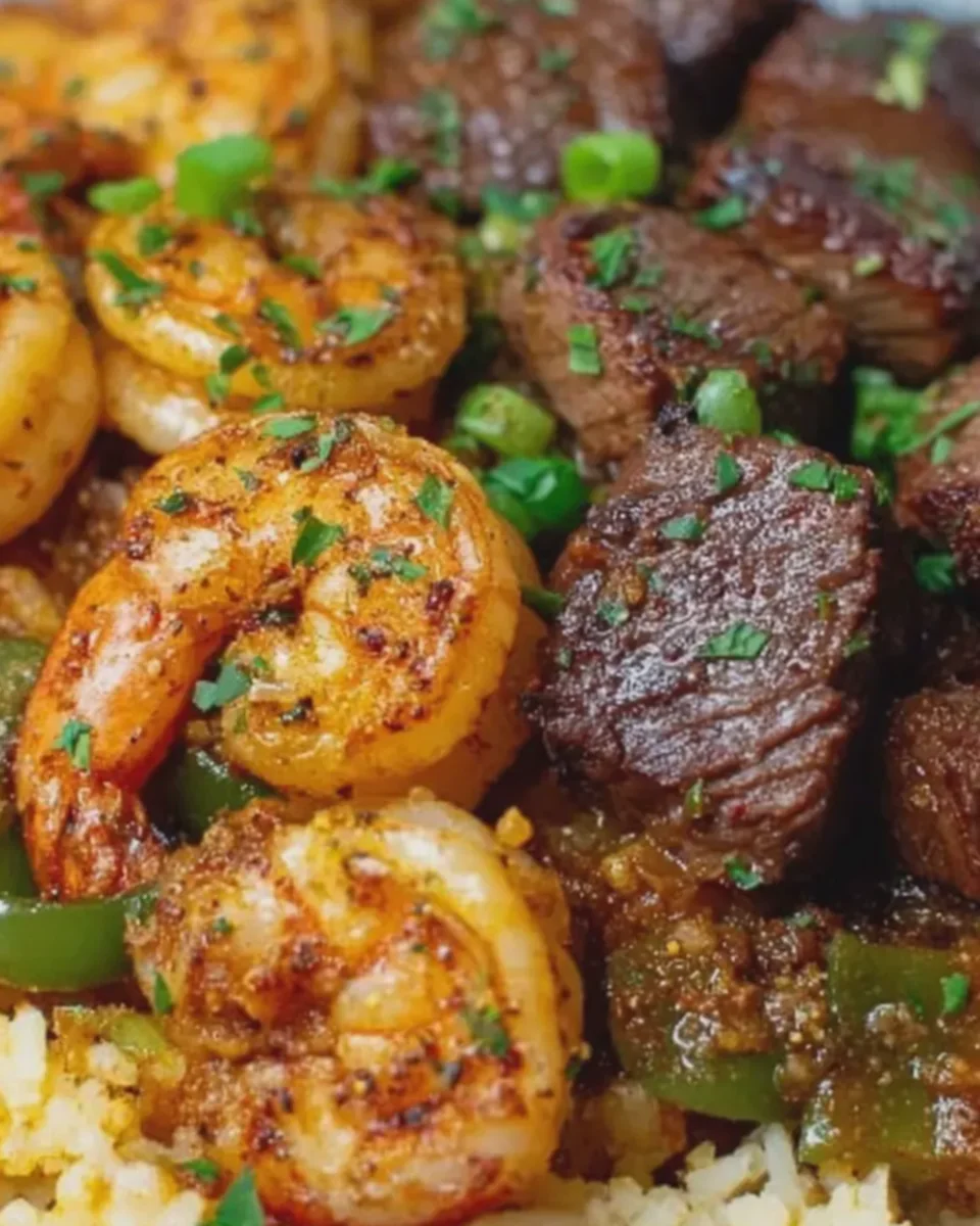 Garlic Butter Shrimp and Steak Rice Skillet