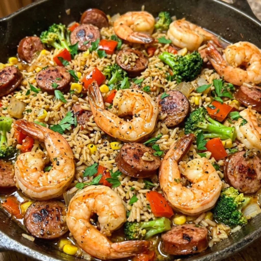 Garlic Butter Shrimp Sausage Rice Skillet