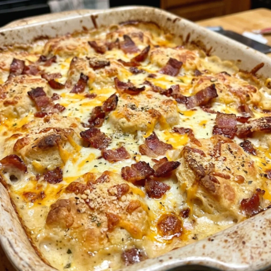 Garlic Parmesan Bacon Ranch Chicken Biscuit Casserole