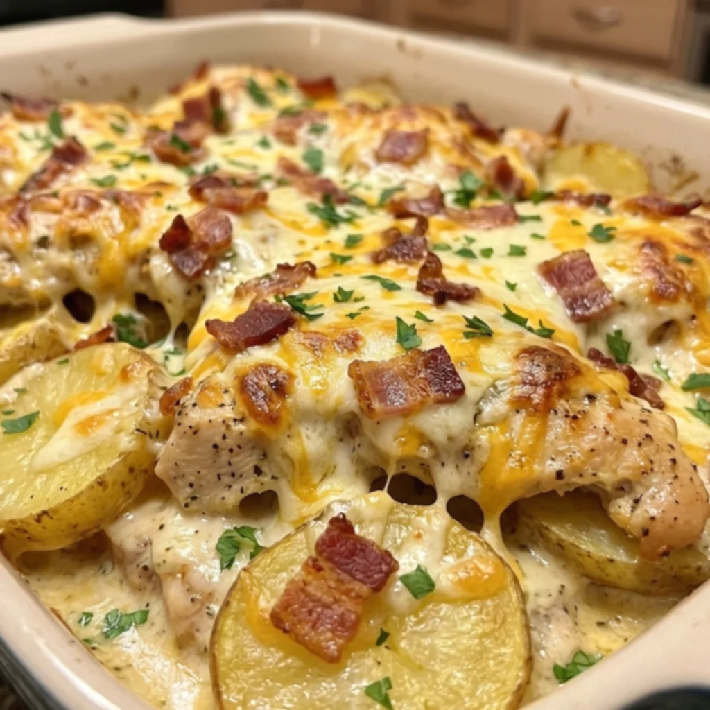 Garlic Parmesan Bacon Ranch Chicken Potato Stack