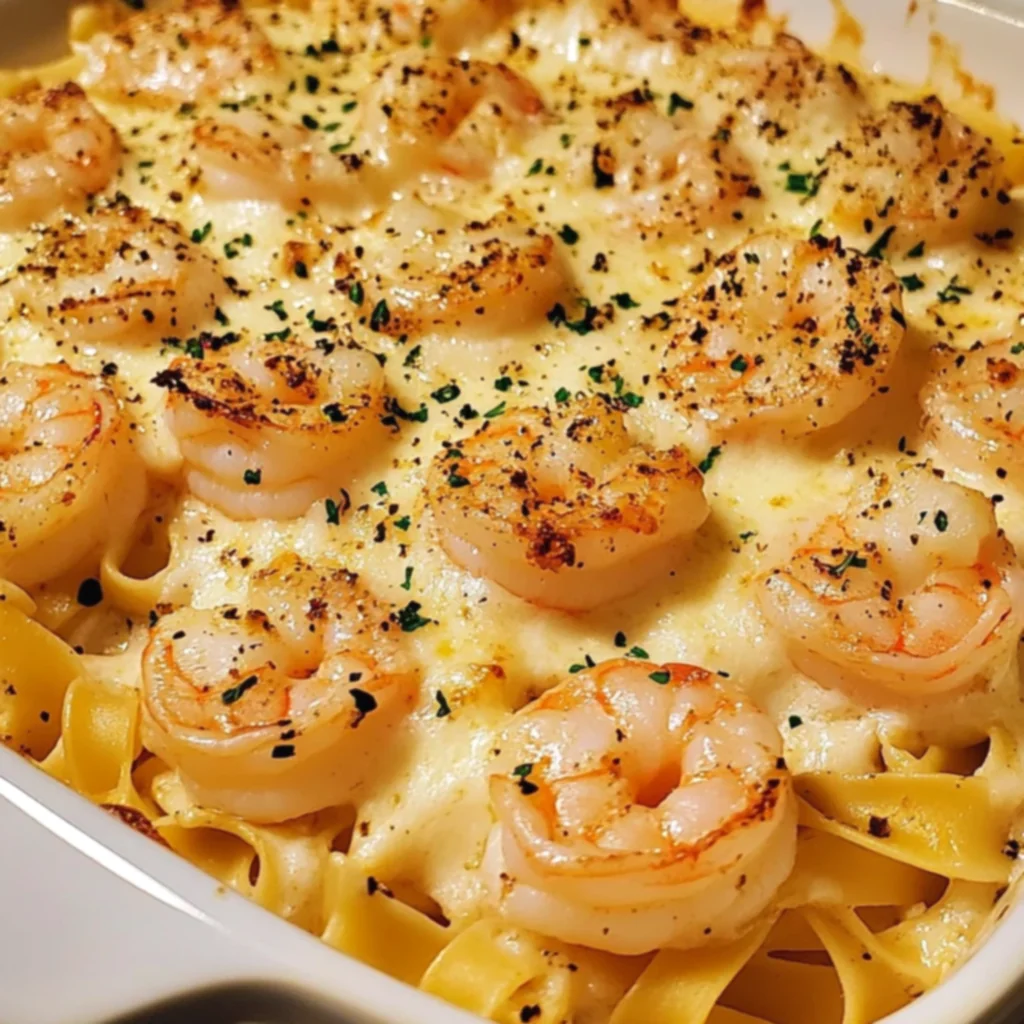 Garlic Parmesan Shrimp Fettuccine Bake