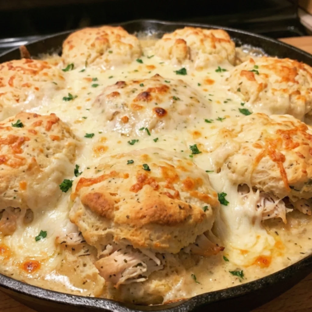 Garlic Parmesan Smothered Chicken Stuffed Biscuit Skillet