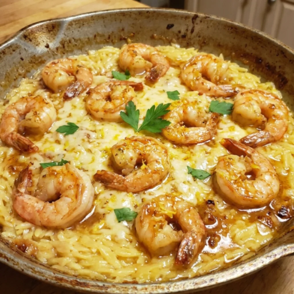 Honey Garlic Lemon Shrimp & Parmesan Orzo Skillet