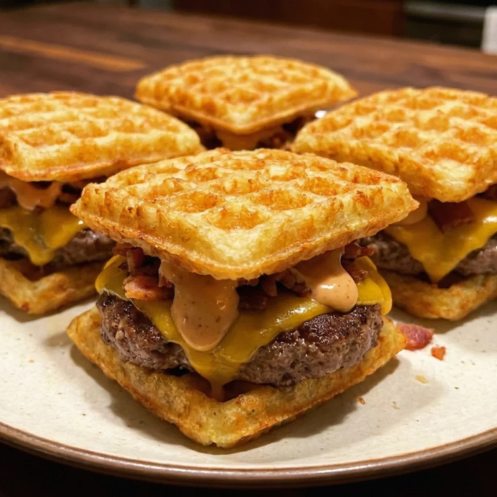 Loaded Bacon Cheeseburger Hash Brown Waffle Sliders
