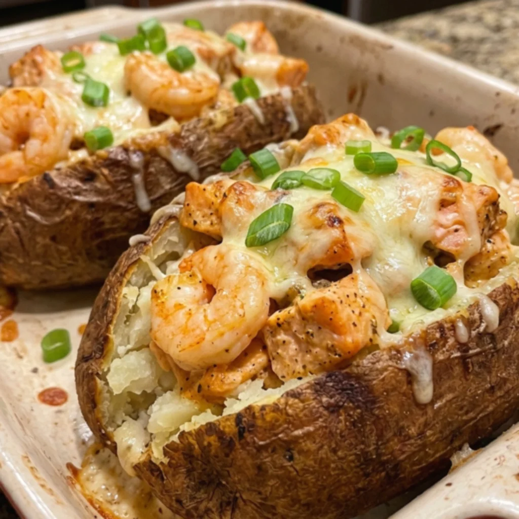 Loaded Creamy Cajun Salmon & Shrimp Stuffed Baked Potatoes