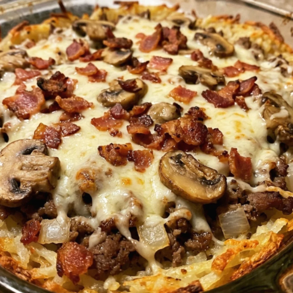 Mushroom Swiss Bacon Cheeseburger Hash Brown Pie