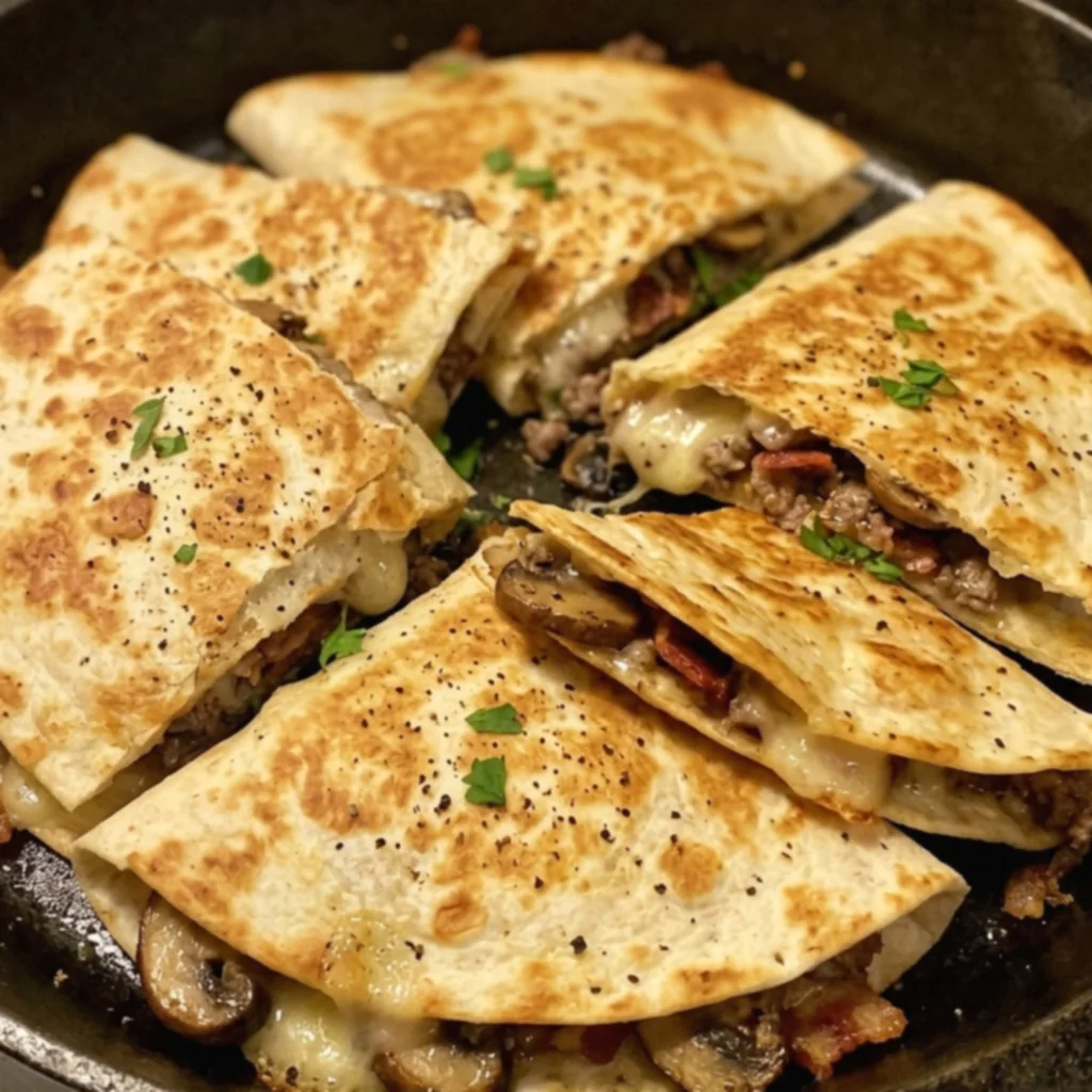 Mushroom Swiss Bacon Cheeseburger Quesadilla Pockets