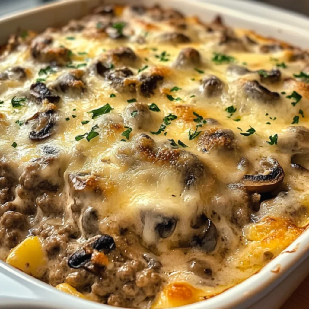 Mushroom Swiss Burger Casserole