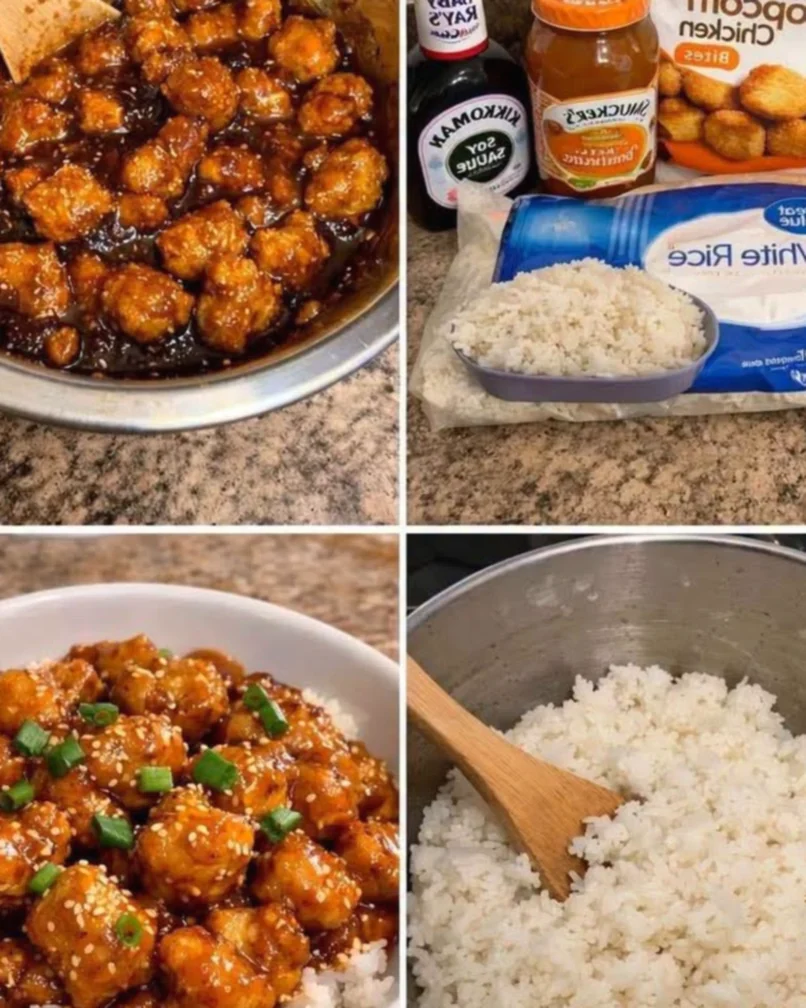 Orange chicken over rice. One bag of popcorn chicken Three cups of water Two cups of rice recipe in comment