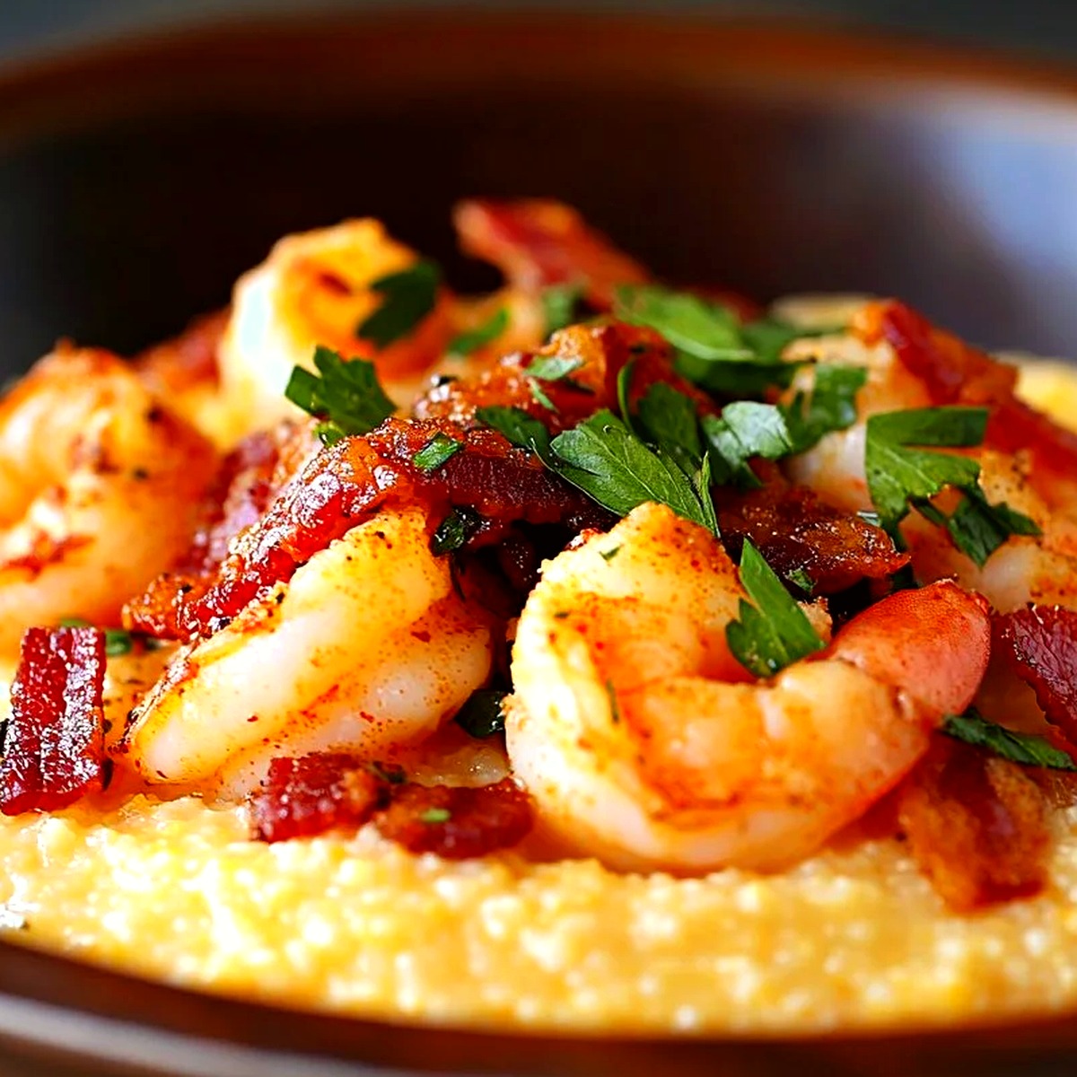 Southern Shrimp and Creamy Cheddar Stone-Ground Grits with Crispy Bacon