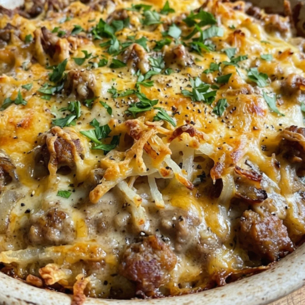 Sausage Onion Gravy Hash Brown Pie