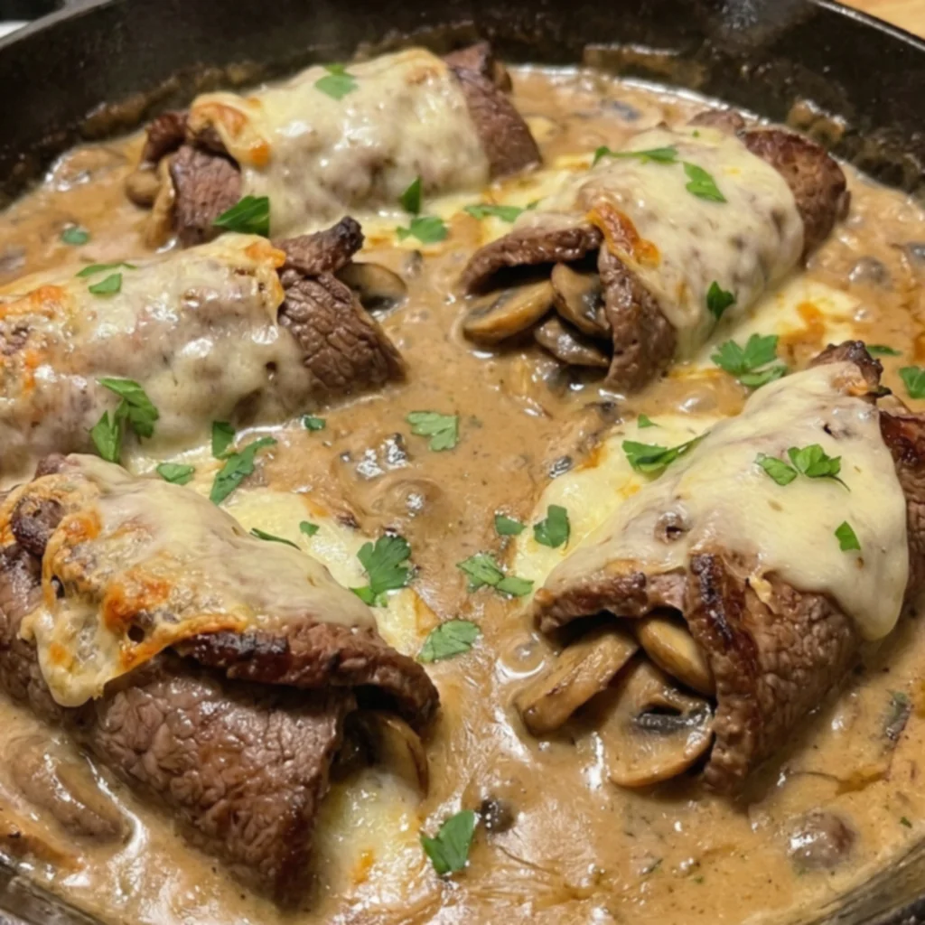 Savory Smothered Mushroom Swiss Beef Roll-Ups