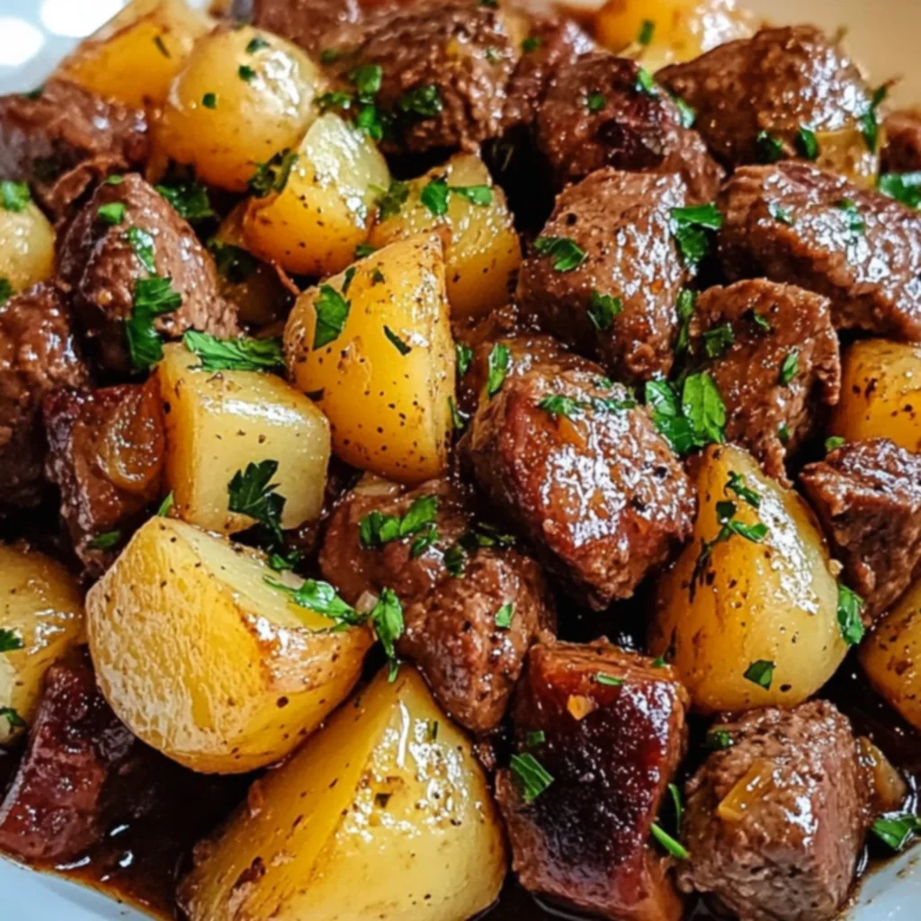 Slow Cooker Garlic Butter Beef Bites and Potatoes