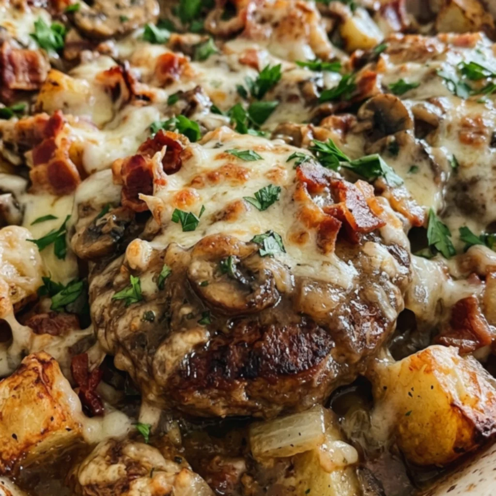 Smothered Bacon Mushroom Swiss Salisbury Steak