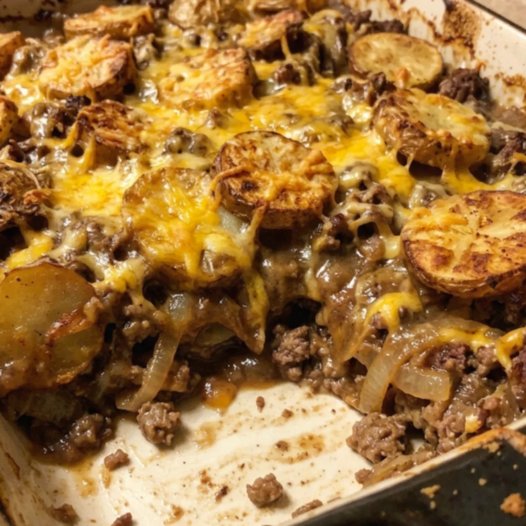Smothered Beef Onion Gravy Potato Bake