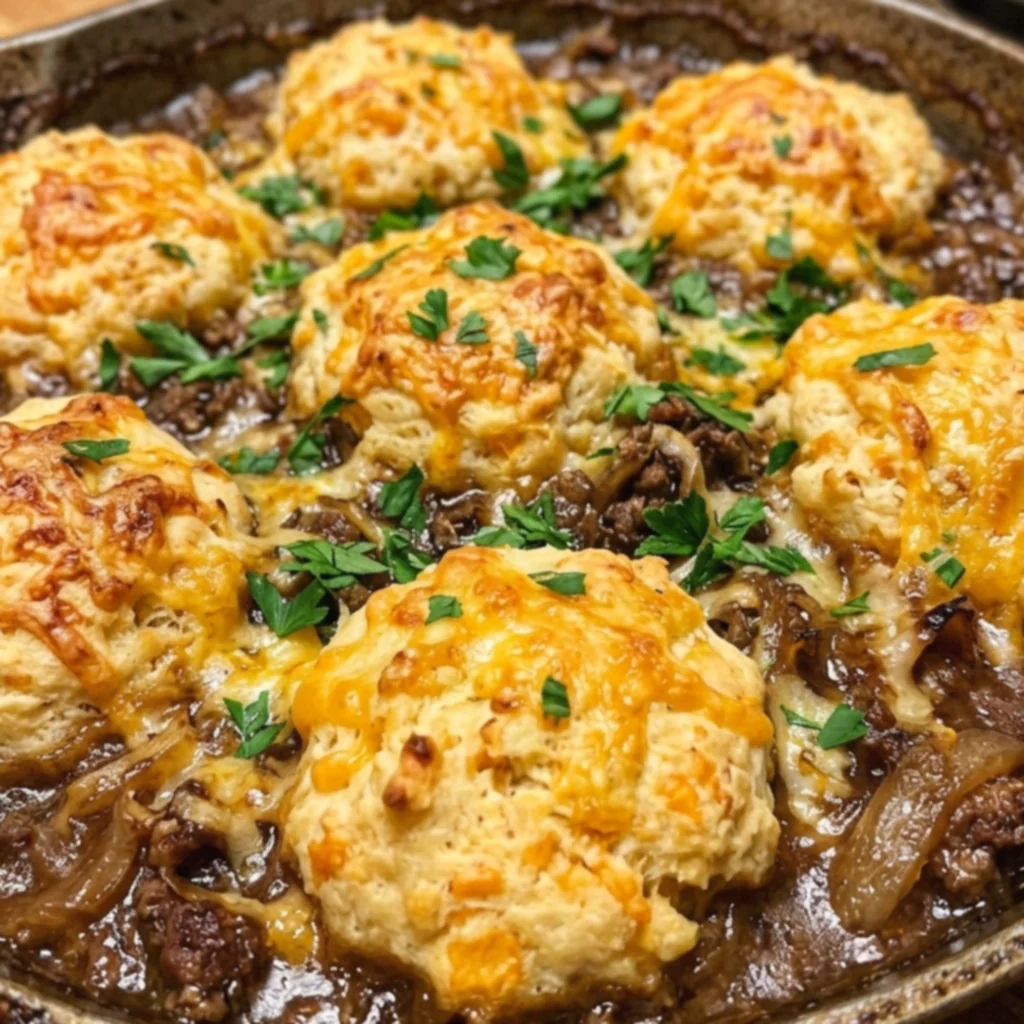 Smothered French Onion Beef & Cheddar Biscuit Skillet