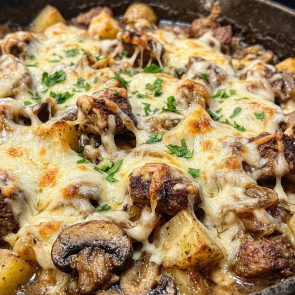 Smothered French Onion Mushroom Swiss Beef Skillet