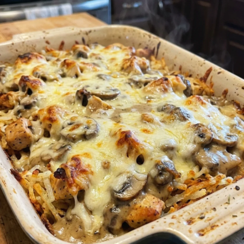 Smothered Mushroom Swiss Chicken Hash Brown Bake