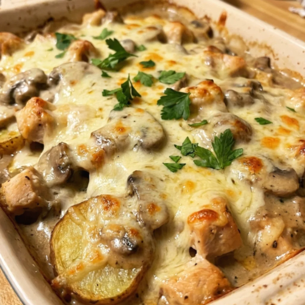 Smothered Mushroom Swiss Chicken Potato Bake