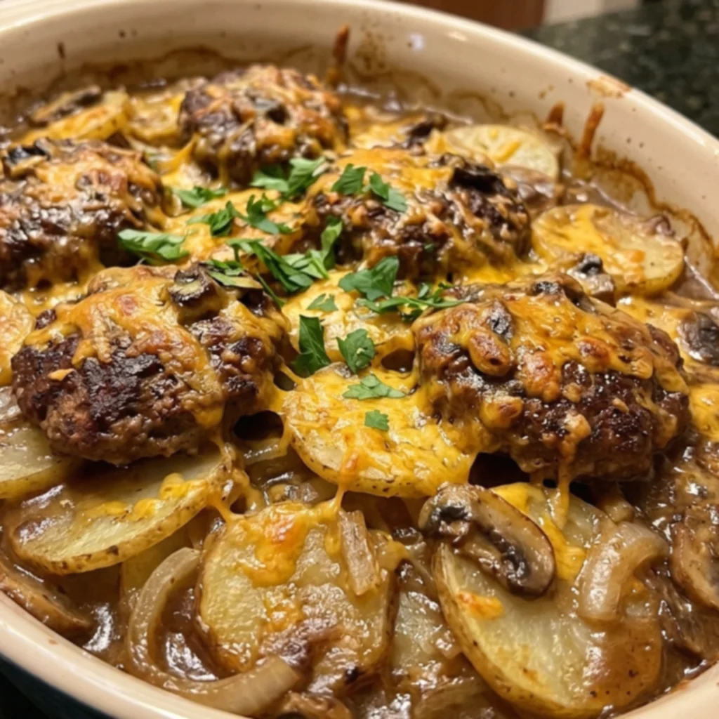 Smothered Salisbury Steak Mushroom Gravy Potato Bake